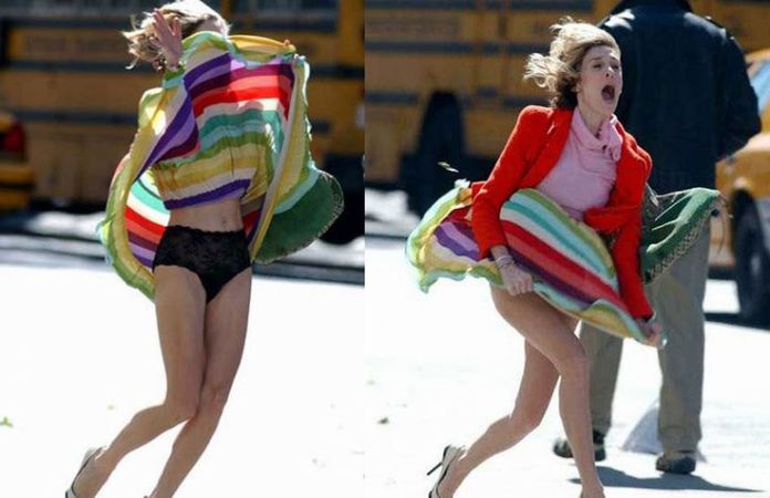 【街撮り風チラ画像】予期せぬ突風、スカートはいてきて大失敗なめくり上げパンチラ